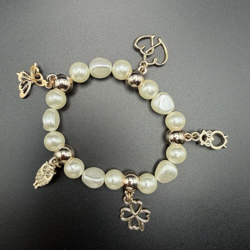 Gold Charm Pearl Bracelet: Butterfly, Heart, Owl, & Four Leaf Clover Jewelry